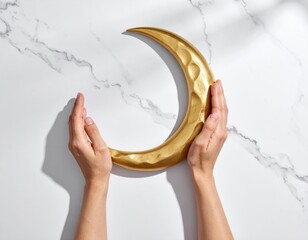Two Hands Gently Hold A Golden Crescent Moon Decoration Against A White Marble Background With Soft Shadows And A Sunlight Effect