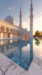 Majestic White Mosque With Tall Minarets Reflecting in a Pool of Water During Golden Hour Sunlight Architectural Grandeur and Serenity
