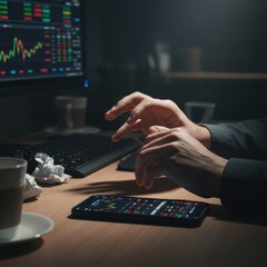 Hands Typing on Keyboard Near Stock Market Chart on Computer Screen and Mobile Phone Displaying Financial Data in Dimly Lit Office