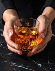 Man holding a crystal glass filled with amber colored whiskey and ice cubes on a dark marble background with dramatic lighting