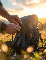 Close Up Of Hands Adjusting Outdoor Backpack In Golden Hour Sunlight With Soft Focus Meadow Background