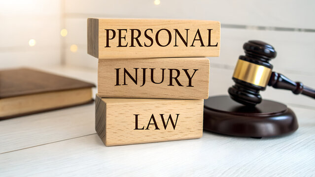 Wooden blocks stacked with text personal injury law next to a judges gavel and a book, symbolizing legal concept