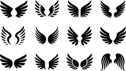 Angel wings silhouette set, black feather wing icon collection isolated on white background, decorative heraldic design elements for logo and tattoo vector illustration