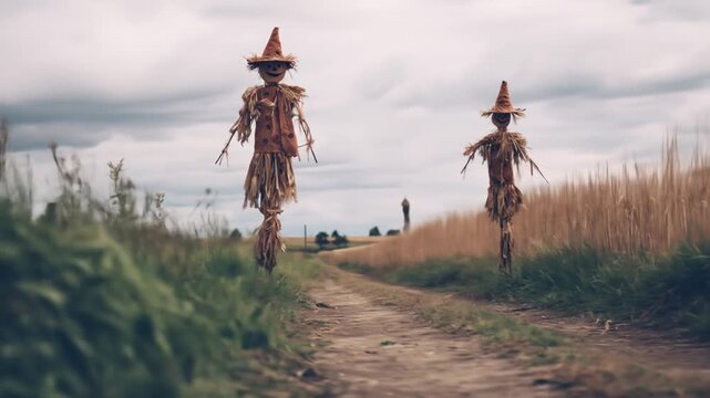 Pair of handmade straw scarecrows guarding a rural dirt path through a harvest field on an overcast day.