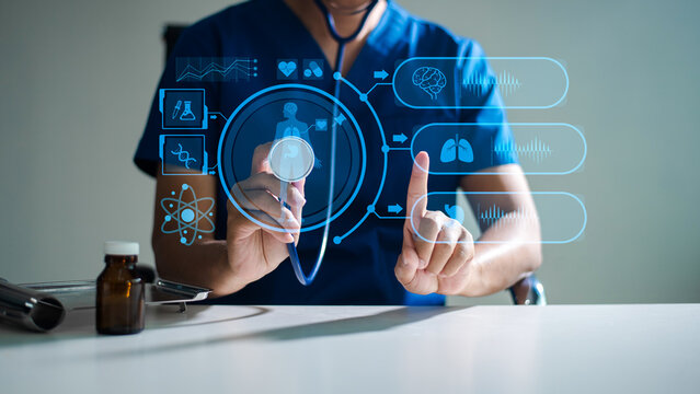 Doctor or scientist using a tablet with AI, science, and medical icons for research, diagnosis, and innovation in health technology.