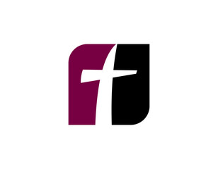 Fototapeta premium A modern abstract logo featuring a white stylized cross symbol within a rounded square, split into dark purple and black halves.