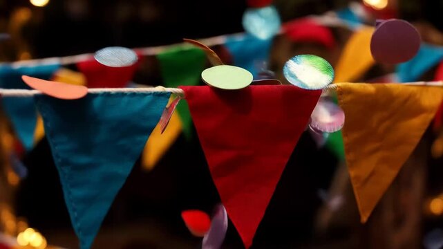 A festive close-up of colorful triangular bunting flags in red, green, and blue hanging on a string, with falling confetti and soft