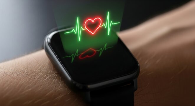 Smartwatch displays heart rate monitor ECG graph, symbolizing health, technology, and medical innovation