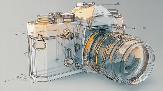 Detailed digital rendering of a vintage style camera with visible interior mechanism