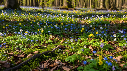 Obraz premium Sunlit forest floor carpeted with small blue forget-me-nots yellow wildflowers and white anemones amongst green moss and fallen leaves