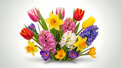 Obraz premium Vibrant and colorful spring flower bouquet featuring tulips daffodils hyacinths and crocus isolated on clean white background