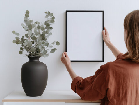 Premium lifestyle product mockup frame with blank white poster on wall, woman adjusting 30x40 black wooden picture frame in modern interior. Female arranging empty photo frame above console