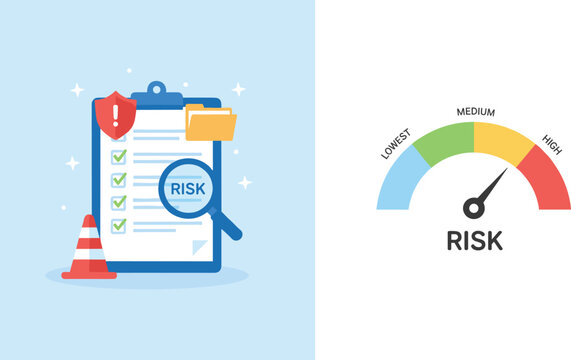 Risk Management Icon Set Featuring Assessment Checklist Document With Magnifying Glass And Speedometer Gauge Meter Measurement Illustration