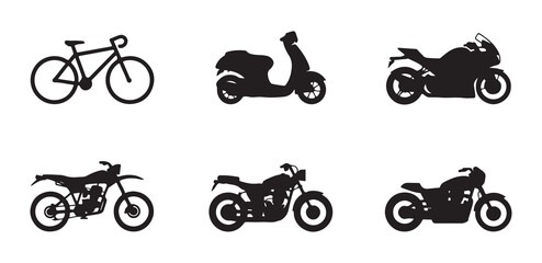 Assortment of bicycles, scooters, and motorcycles in silhouette on white background, varied types © Lover