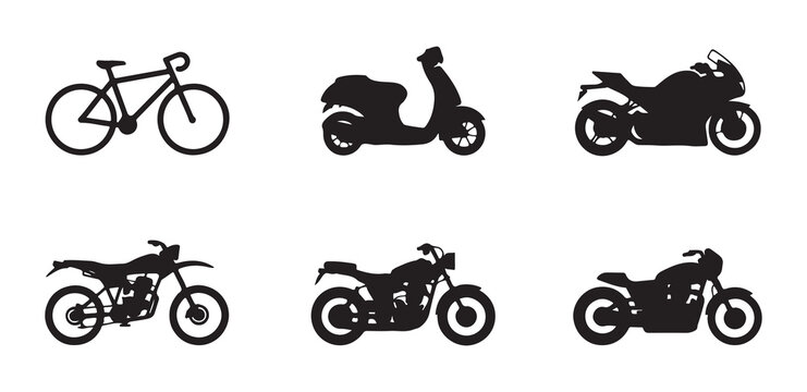 Assortment of bicycles, scooters, and motorcycles in silhouette on white background, varied types