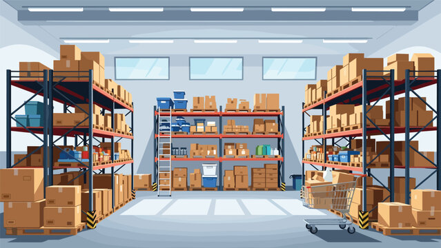 Large industrial warehouse interior featuring rows of tall metal racks filled with organized cardboard storage boxes.