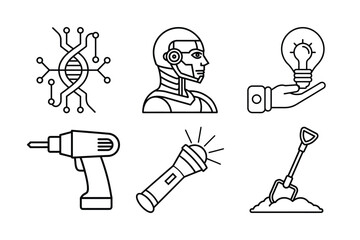 Mixed Line Art Icon Set Featuring Biotechnology, Robotics, Innovation, and Construction Tools
