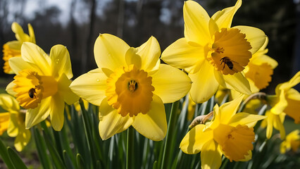 Fototapeta premium Bright yellow daffodils blooming in garden with bees collecting pollen under warm sunlight representing arrival of spring and vibrant outdoor ecology