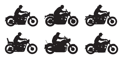 Classic motorcycle rider silhouettes collection showing vintage styles and cap wearing bikers on bikes © Lover