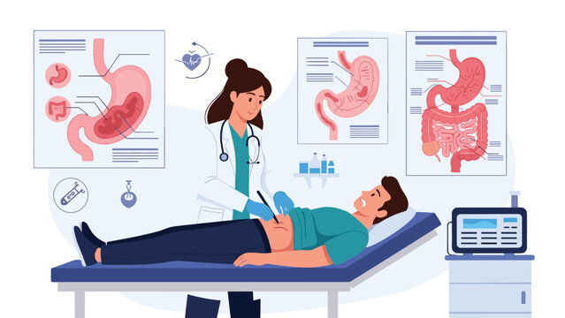 Professional doctor uses anatomical charts to explain the digestive system and stomach health to a patient in a medical clinic setting.