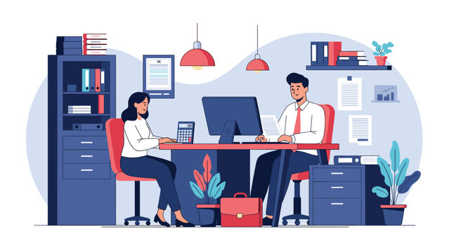 Business colleagues collaborate on a project while working at a desk in a modern office filled with documents, computers, and office plants.