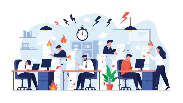 Stressed office workers struggle with overwhelming piles of paperwork and tight deadlines in a chaotic and busy modern work environment.