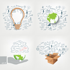 A collection of hand drawn business strategies, diagrams, and graphs. A light bulb, globe, and tree against the background of a business plan.
