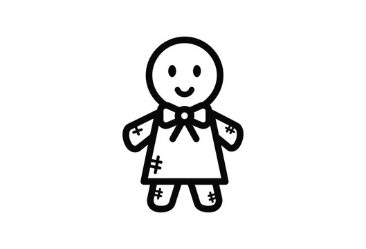 Simple black and white drawing of a rag doll