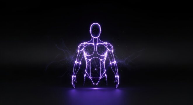 Glowing purple particle human figure standing in dark void with energy sparks