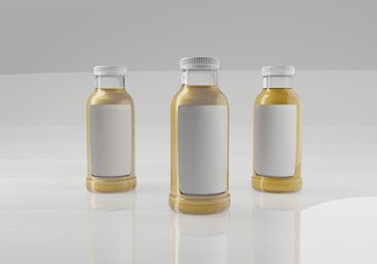 Three yellow-filled glass bottles aligned on white reflective surface for product display