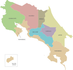 Vector map of Costa Rica with regions or territories and administrative divisions. Editable and clearly labeled layers.