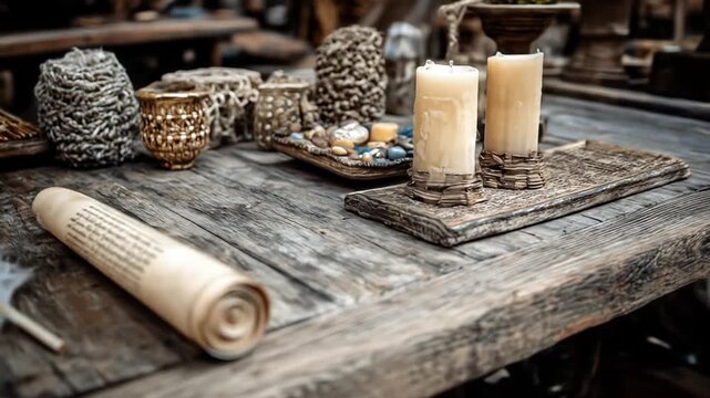 Atmospheric rustic wooden table with an old rolled scroll, glowing candles, and antique decorative objects, evoking a vintage, historical ambiance.