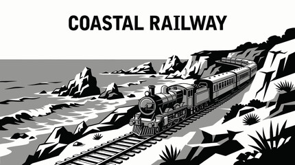 train railway track landscape running along ocean coastline with passenger locomotive transport infrastructure beside water horizon showing travel journey transit motion freight environment © samira