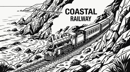 train railway track landscape running along ocean coastline with passenger locomotive transport infrastructure beside water horizon showing travel journey transit motion freight environment © samira