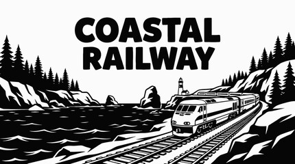 train railway track landscape running along ocean coastline with passenger locomotive transport infrastructure beside water horizon showing travel journey transit motion freight environment © samira