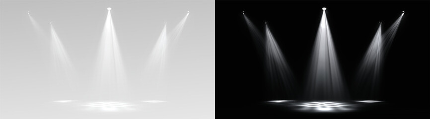 Creative illustration of bright lighting spotlights set, light sources isolated on transparent background. Art design beam for concert, scene illumination. Abstract concept graphic element overlay © Alehandro