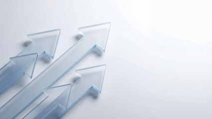 明るい白背景に溶け込むような透明なガラスの矢印です。清潔感のあるハイキーなトーンが、企業の信頼性や透明性、クリーンな成長を表現しています。医療やコンサルティングなど、信頼が重要なビジネスの背景素材やコピースペースとして最適です。