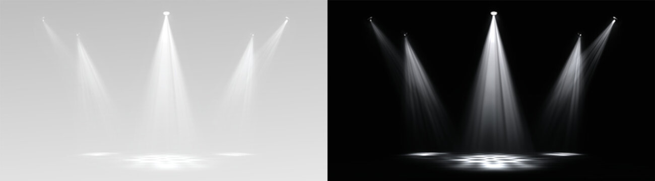 Creative illustration of bright lighting spotlights set, light sources isolated on transparent background. Art design beam for concert, scene illumination. Abstract concept graphic element overlay