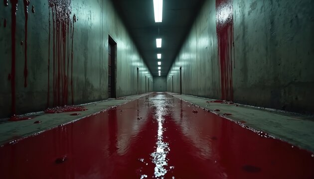 Dark concrete corridor with dripping blood on walls, pooled on floor. Fluorescent lights create eerie reflections. Scene suggests crime horror event. Doors line hallway, adding to unsettling