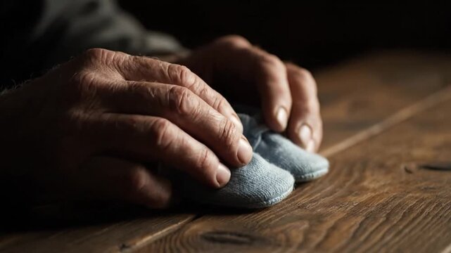 Close-up of calloused hands gently holding small pair of baby shoes on wooden table, soft side lighting, shallow depth of field, contemplative emotional tone, symbolic fatherhood moment