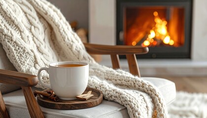 A cozy setting featuring a warm cup of tea resting on a wooden tray by a crackling fireplace
