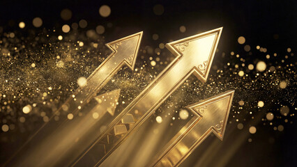 磨き上げられた金色の矢印が、光の粒子を浴びてきらきらと輝きながら上昇する様子を描いています。圧倒的な富と繁栄を象徴し、ビジネスの成功や投資による利益拡大を強く印象づけます。金融や経済の資料、豪華な広告に最適です。