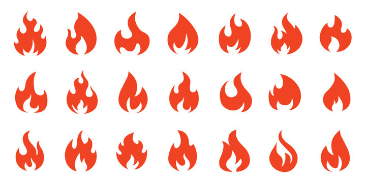 Minimal Fire Flame Icons Set. Flame icon grid set, red fire symbols, stylized heat shapes, UI element pack, graphic design asset. flame icons set showing fire symbols in multiple styles and colors