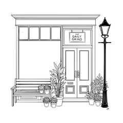 Fototapeta premium Cafe exterior with bench and plants vector illustration restaurant facade building