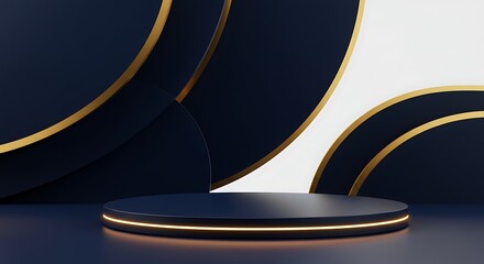 Elegant minimalist podium with golden accents and dark blue background