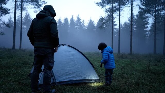 Outdoor camping scene at dawn, wide shot from behind showing father adjusting small tent while child holds flashlight, mist in background forest