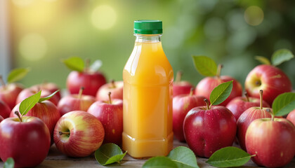 Bottle of apple juice surrounded by fresh red apples and leaves, photo is ideal for websites, presentations, marketing campaigns  