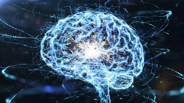 Abstract visualization of a glowing blue human brain with energetic electrical impulses symbolizing complex thought processes and digital consciousness in dark space