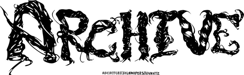 Fototapeta premium Archive Distressed Ink Display Font Alphabet Vector, Bold Handcrafted Typeface for Vintage Branding, Grungy Poster Art, Urban Streetwear, and Retro Identity