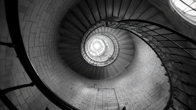Grand Spiral Staircase in Black and White, Architectural Detail, Geometric Pattern, Historic Design, Elegant Vintage Building Interior